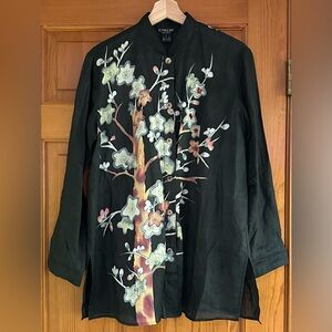 Citron Santa Monica Asian Blossom Print Blouse Top Shirt in Black Ramie